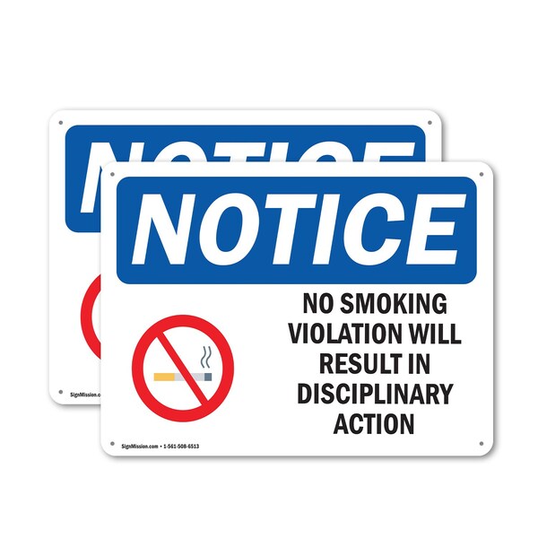 Signmission No Smoking Violation Disciplinary Action OSHA Notice Sign, Plastic, 14in W x 10in L, 2PK OS-2PACK-NS-P-1014-L-16190 - main